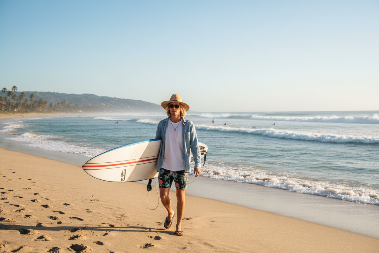 persona caminando en la playa con su tabla de surf